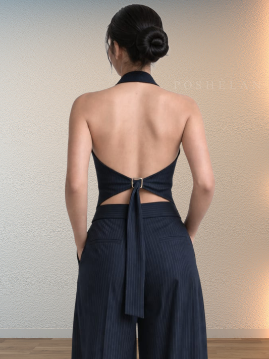 Halter-Neck Backless Waist-coat (W/O Pockets) - Midnight Blue Pinstripes