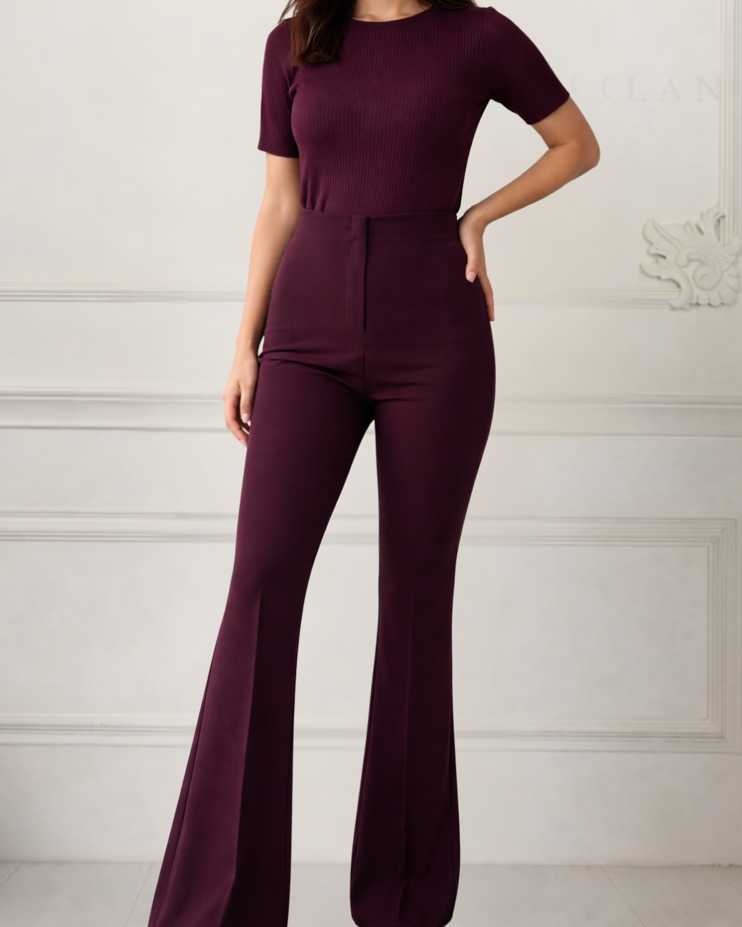 Flarella High-waist Trouser(W/O Pocket)- Cherry Wine