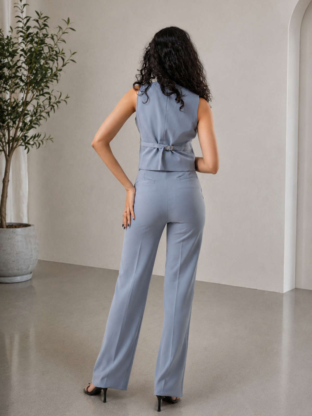 V-neck Slim-fit Waist-coat suit (with pockets)- Powder Blue