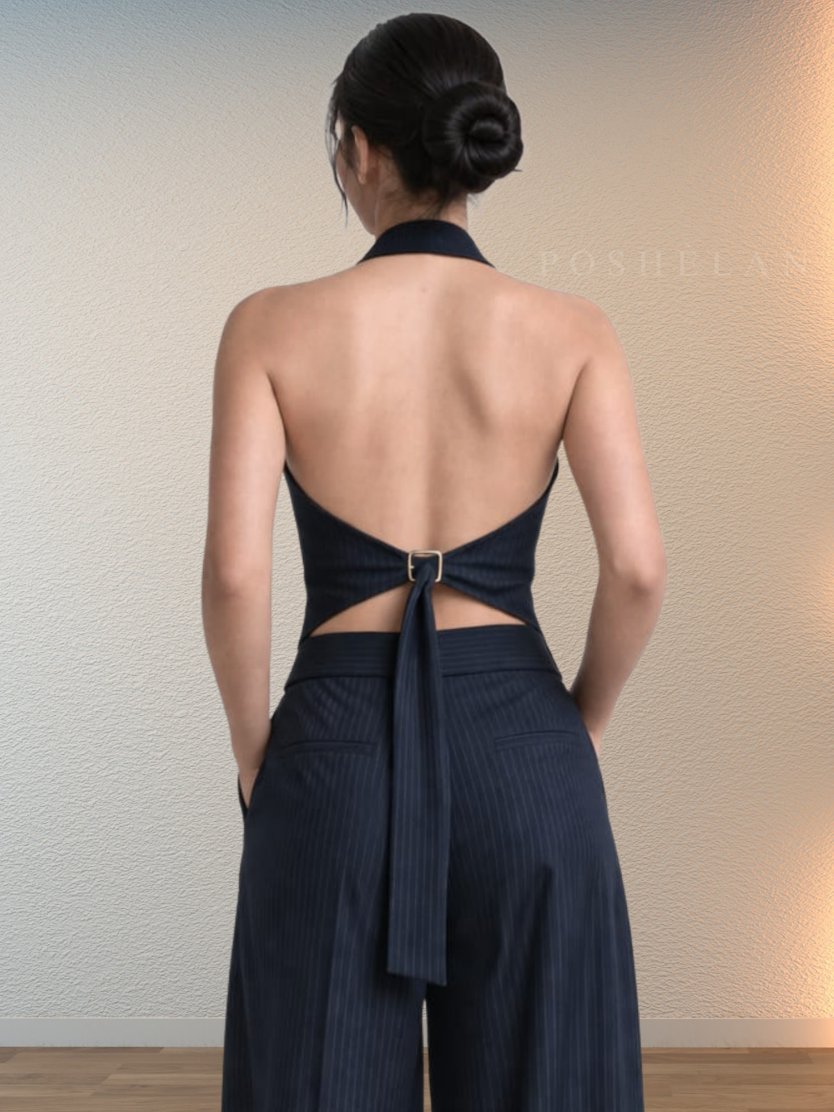 HALTER-NECK BACKLESS (W/O- POCKETS) - MID-NIGHT BLUE PINSTRIPES WAIST-COAT