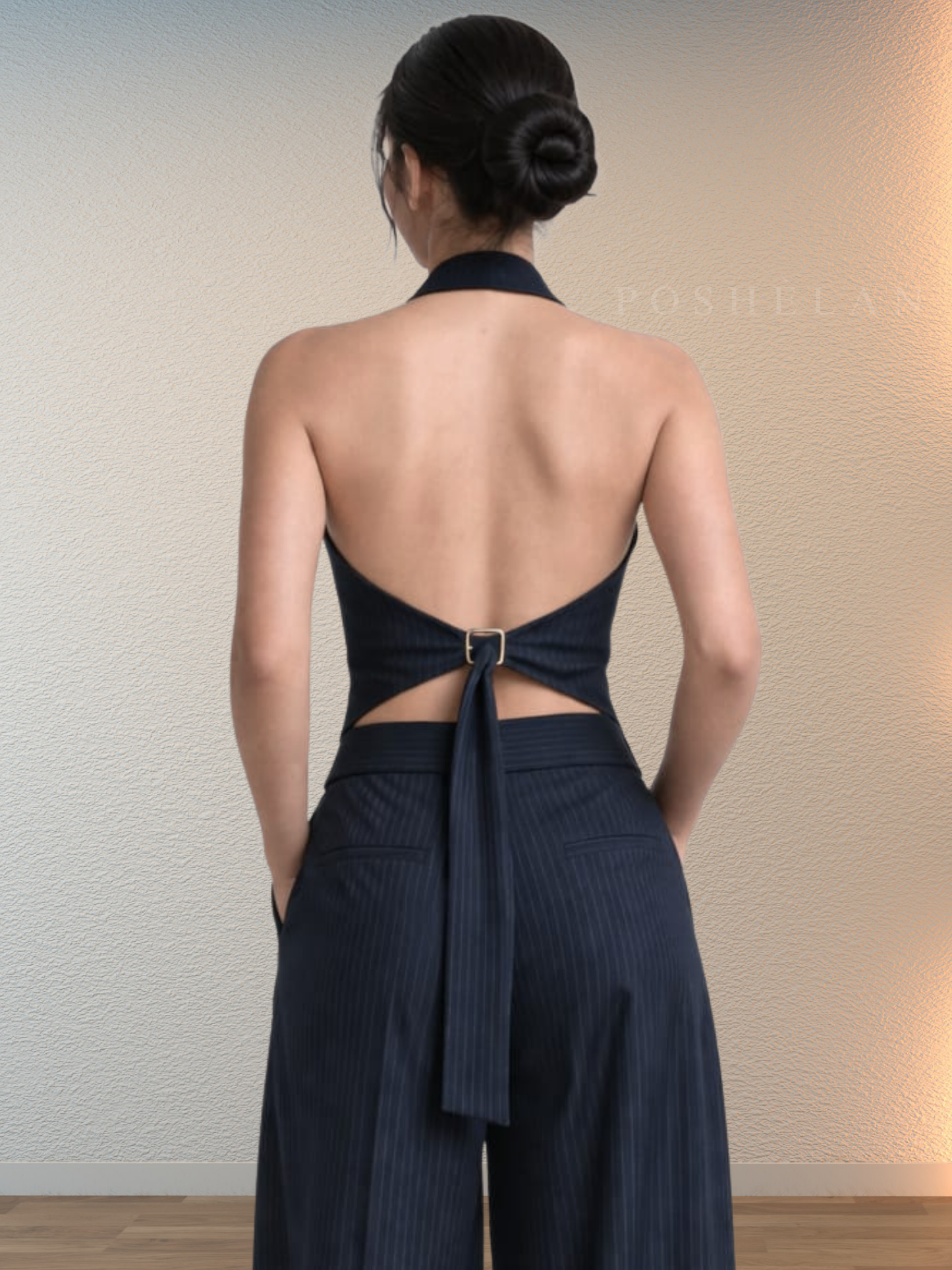 Halter-Neck Backless Waist-coat (W/O Pockets) - Midnight Blue Pinstripes