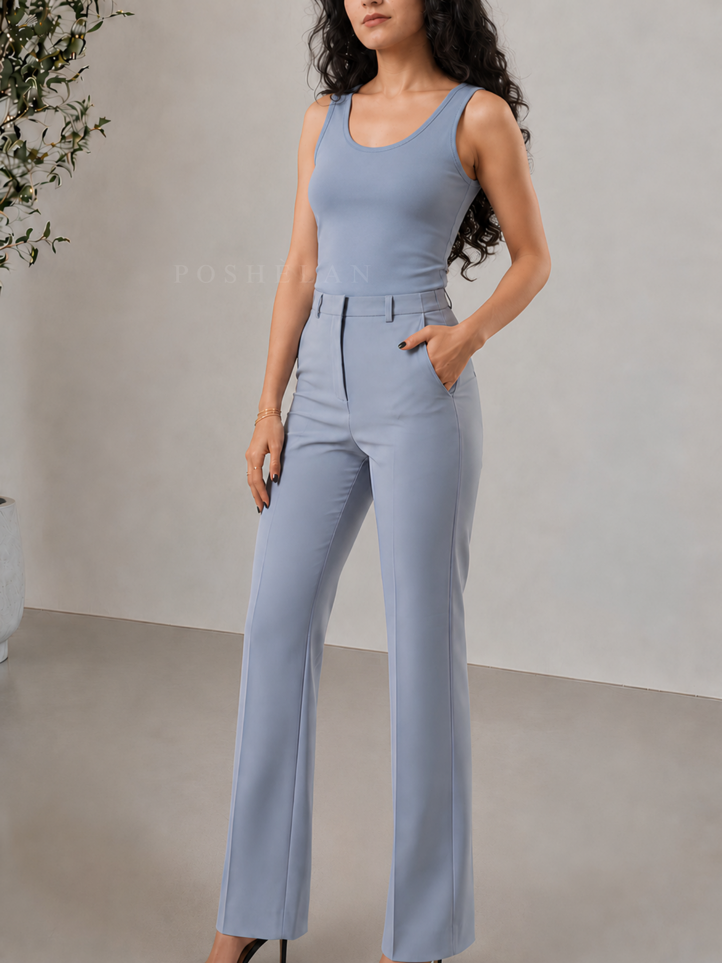Straight-fit High-waist Trouser (With Pockets)- Powder-Blue