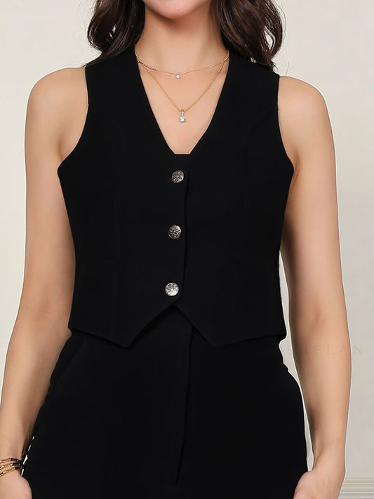 V-neck Slim-fit Waist-coat  (W/O Pocket) - Regal Black