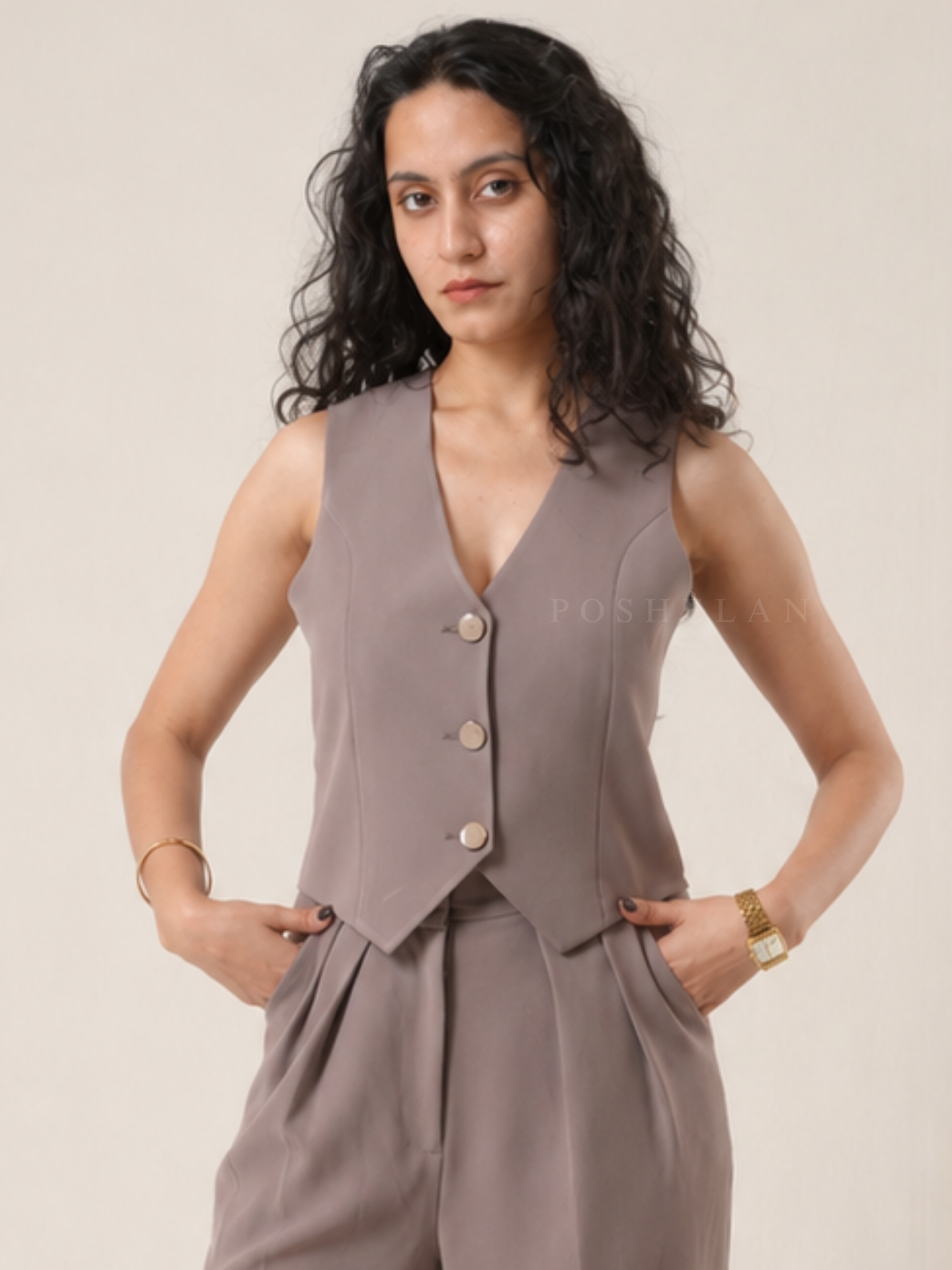 V-Neck Waist-coat (W/O Pockets) - Mud-Olive