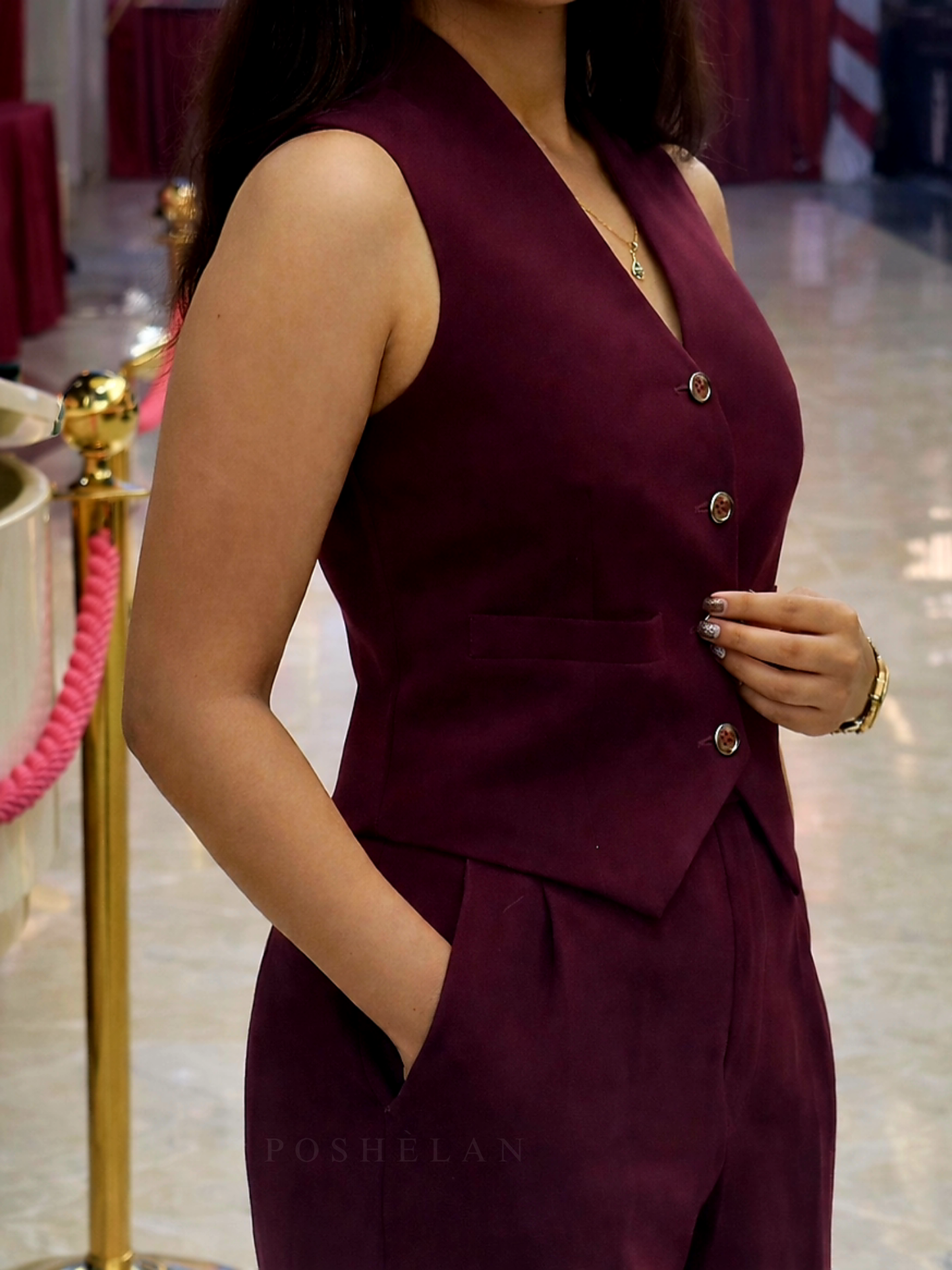 V-neck Slim-fit Waist-coat suit (with pockets)- Cherry-wine