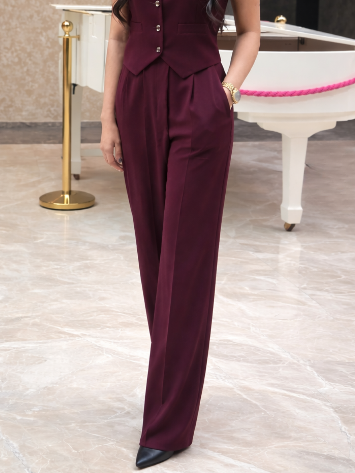 Pleated High-Waist Trouser (with Pockets )- Cherry-Wine