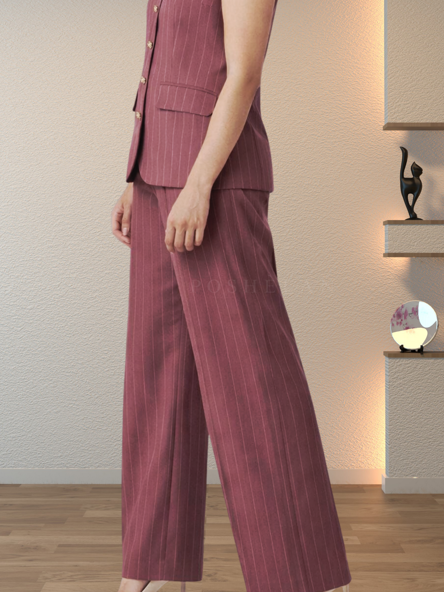 Scoop-neck pinstripes waist-coat suit (with Pockets)-Mauve Pink