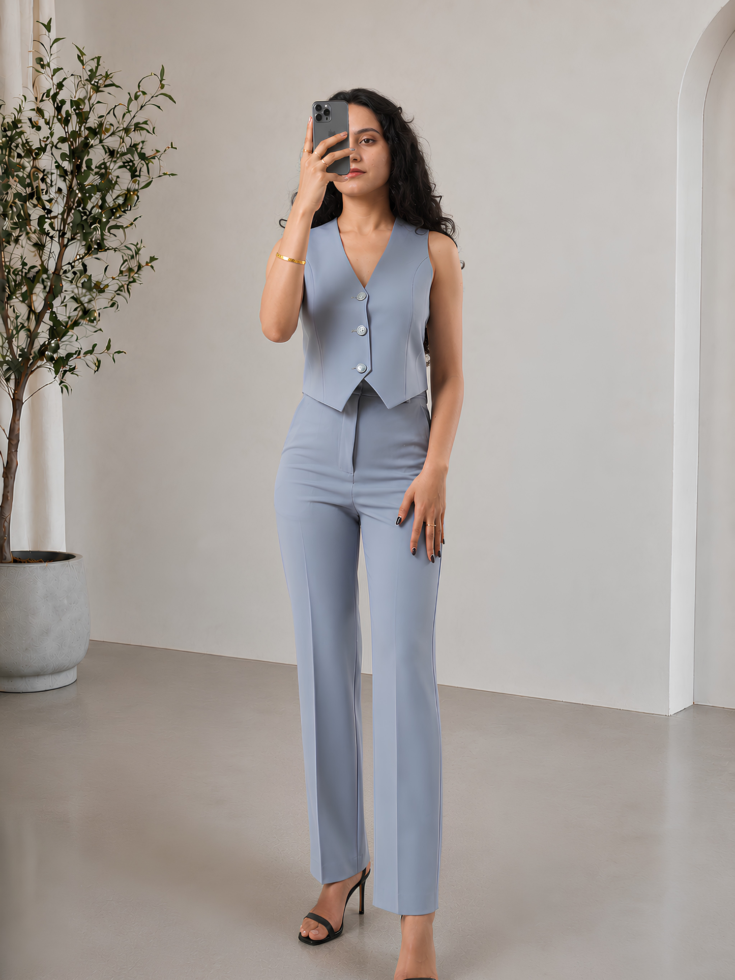 Straight-fit High-waist Trouser (With Pockets)- Powder-Blue