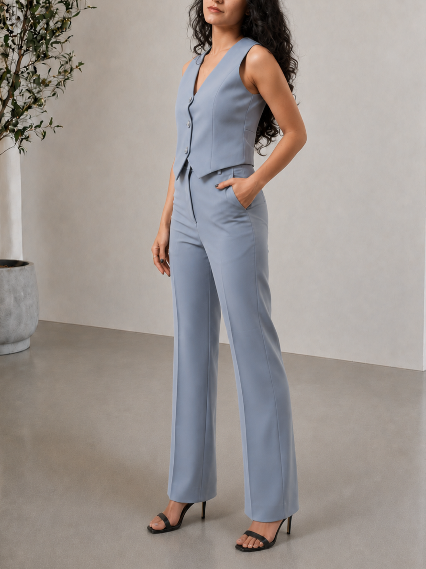 Straight-fit High-waist Trouser (With Pockets)- Powder-Blue