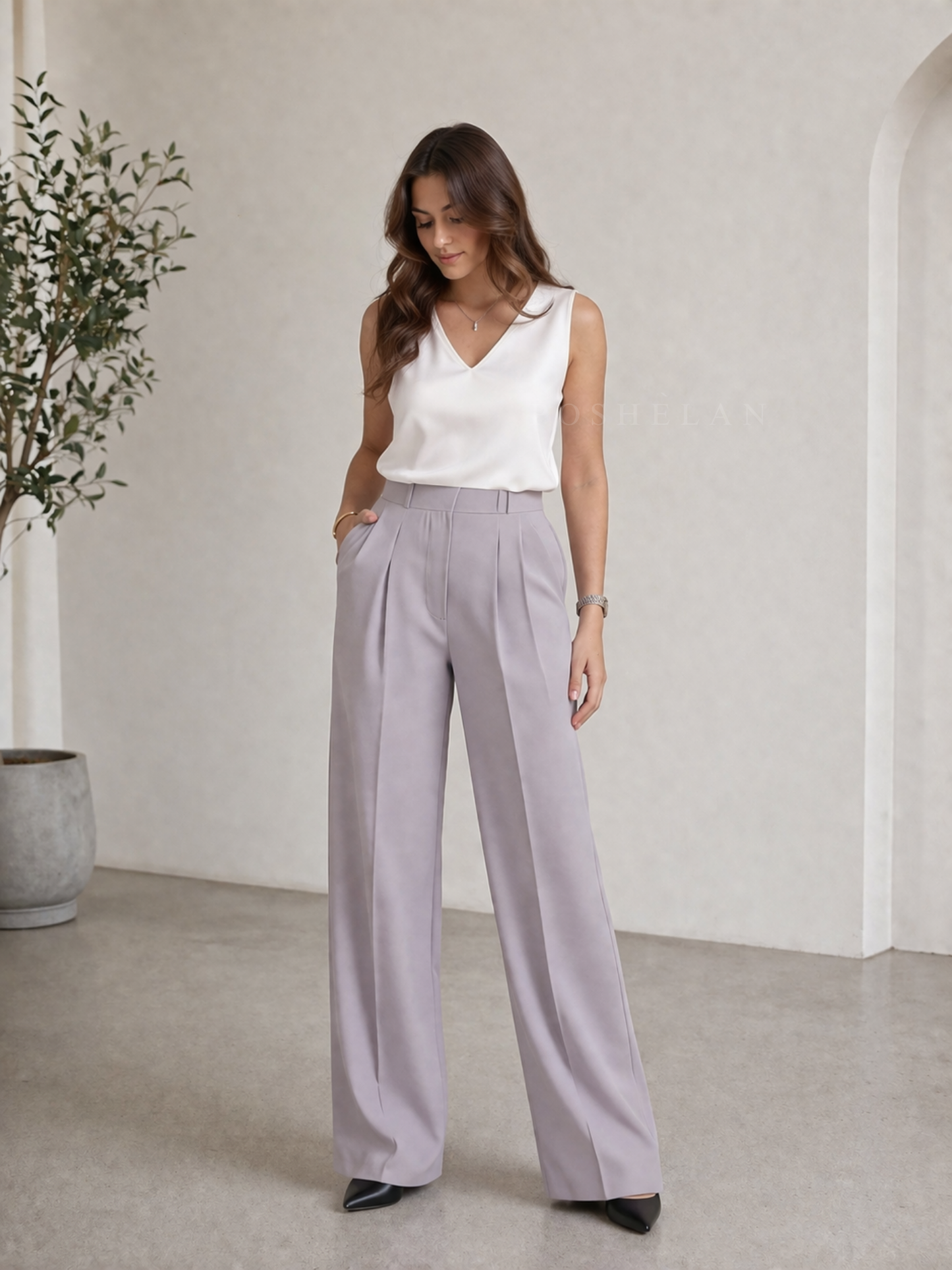 Pleated High-Waist Trouser (with Pockets)- Lilac Grey