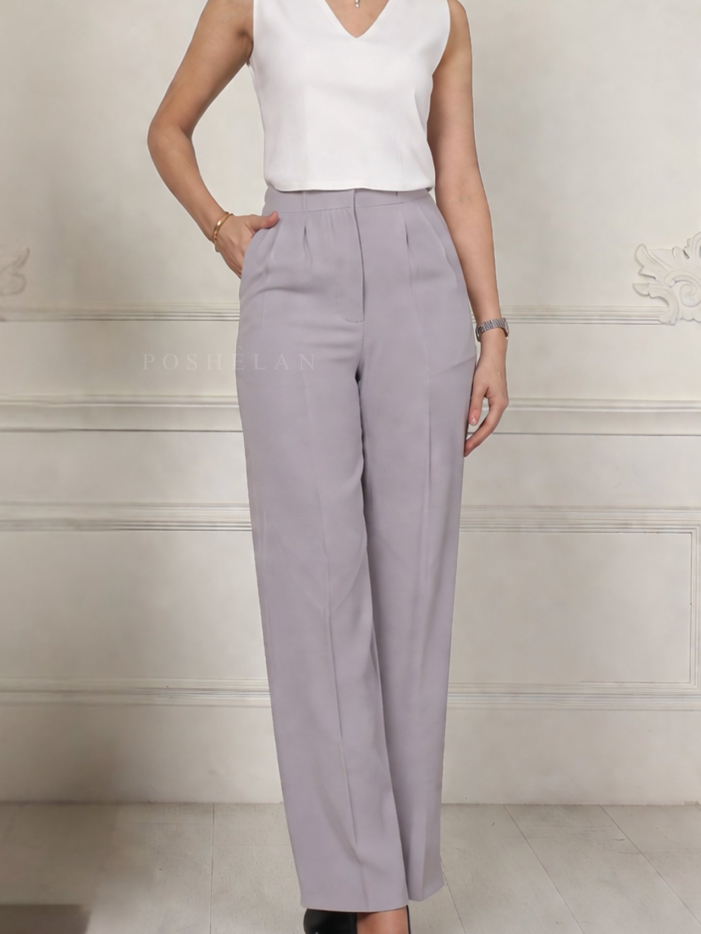 Pleated High-Waist Trouser (with Pockets)- Lilac Grey
